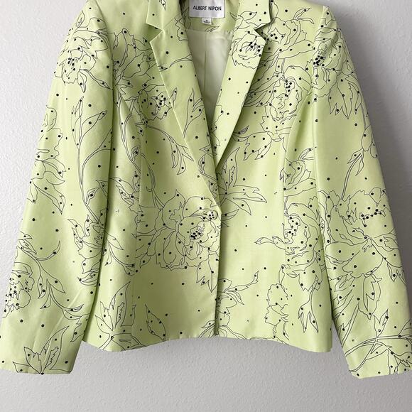Vintage Albert Nipon Silk Pastel Green Black Sequin Floral Blazer Women's Size 8 - Picture 3 of 11